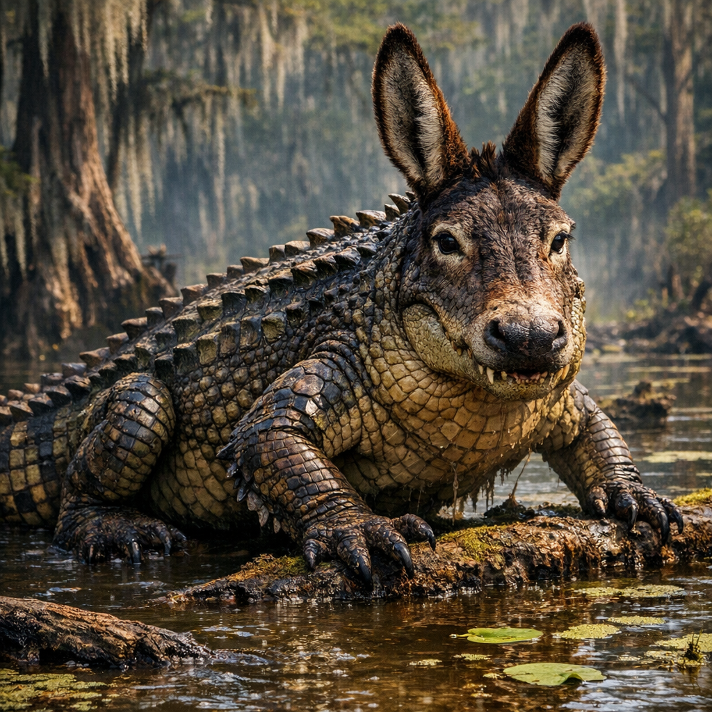 Donkigator, an AI-generated hybrid of Donkey and Alligator