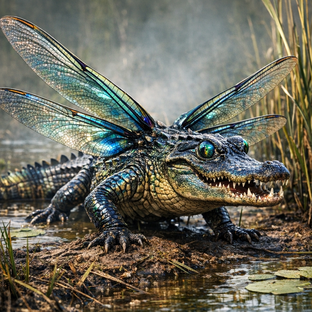 Dracogator, an AI-generated hybrid of Dragonfly and Alligator