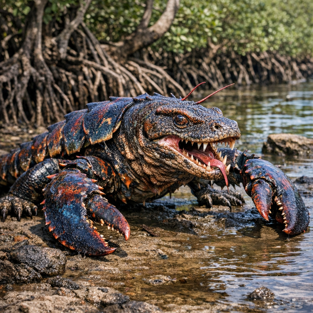Lobmodon, an AI-generated hybrid of Lobster and Komodo Dragon