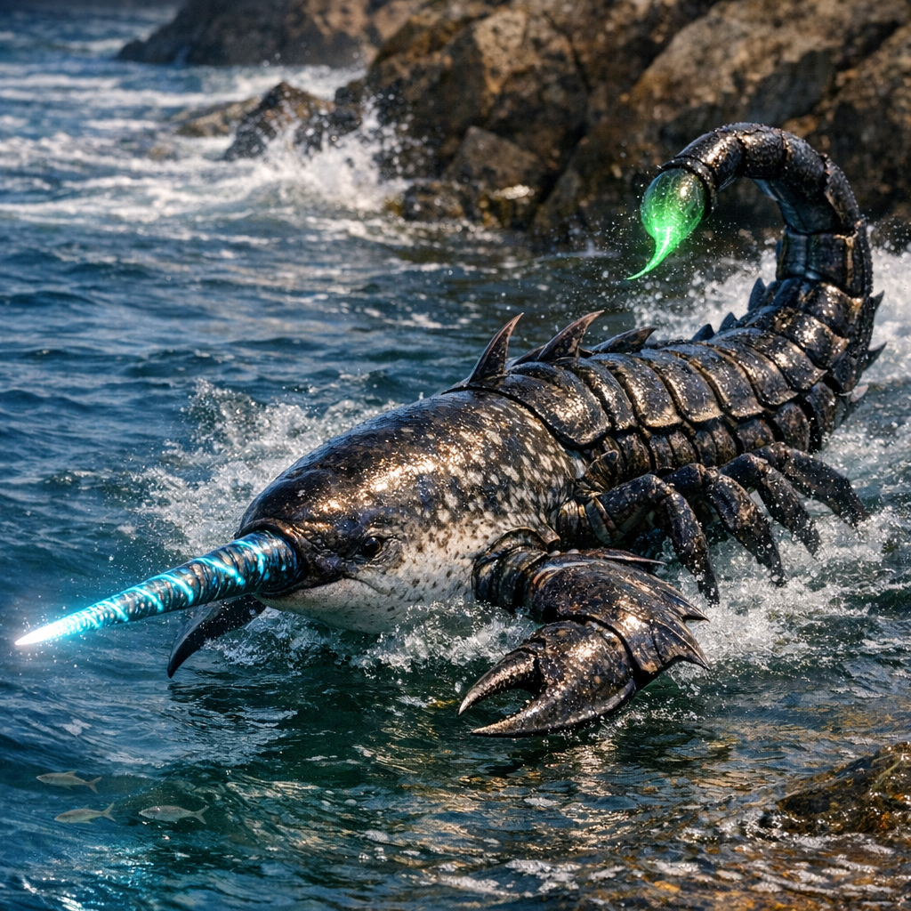 Narworpion, an AI-generated hybrid of Narwhal and Scorpion