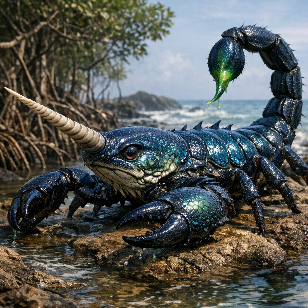 Narworpion, an AI-generated hybrid of Narwhal and Scorpion
