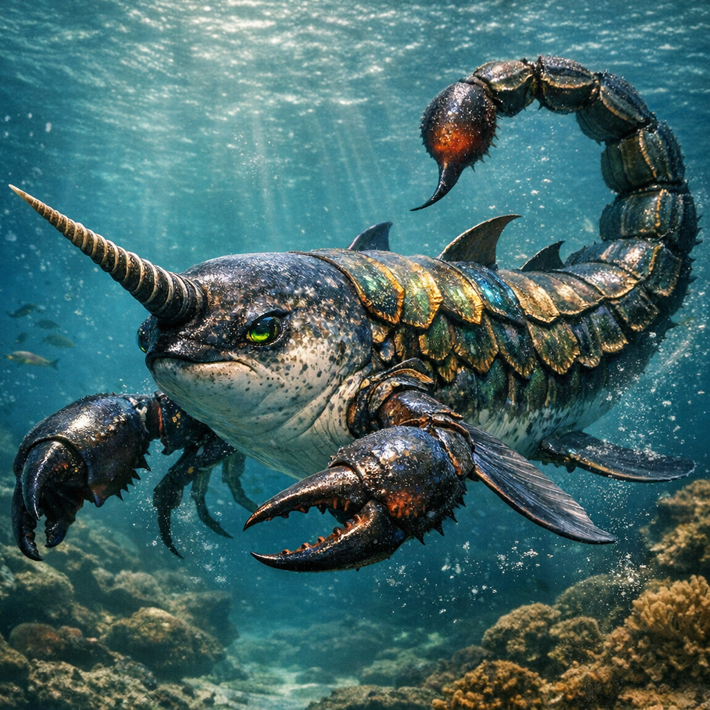 Narwcorpio, an AI-generated hybrid of Narwhal and Scorpion