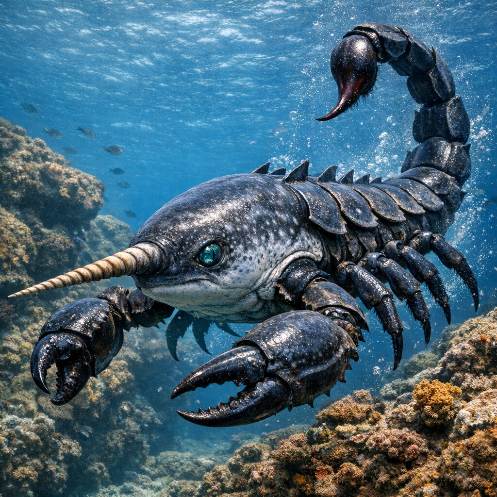 Narworpion, an AI-generated hybrid of Narwhal and Scorpion