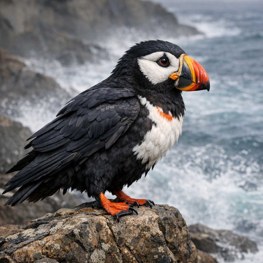 Crown Pufflet, an AI-generated hybrid of Crow and Puffin