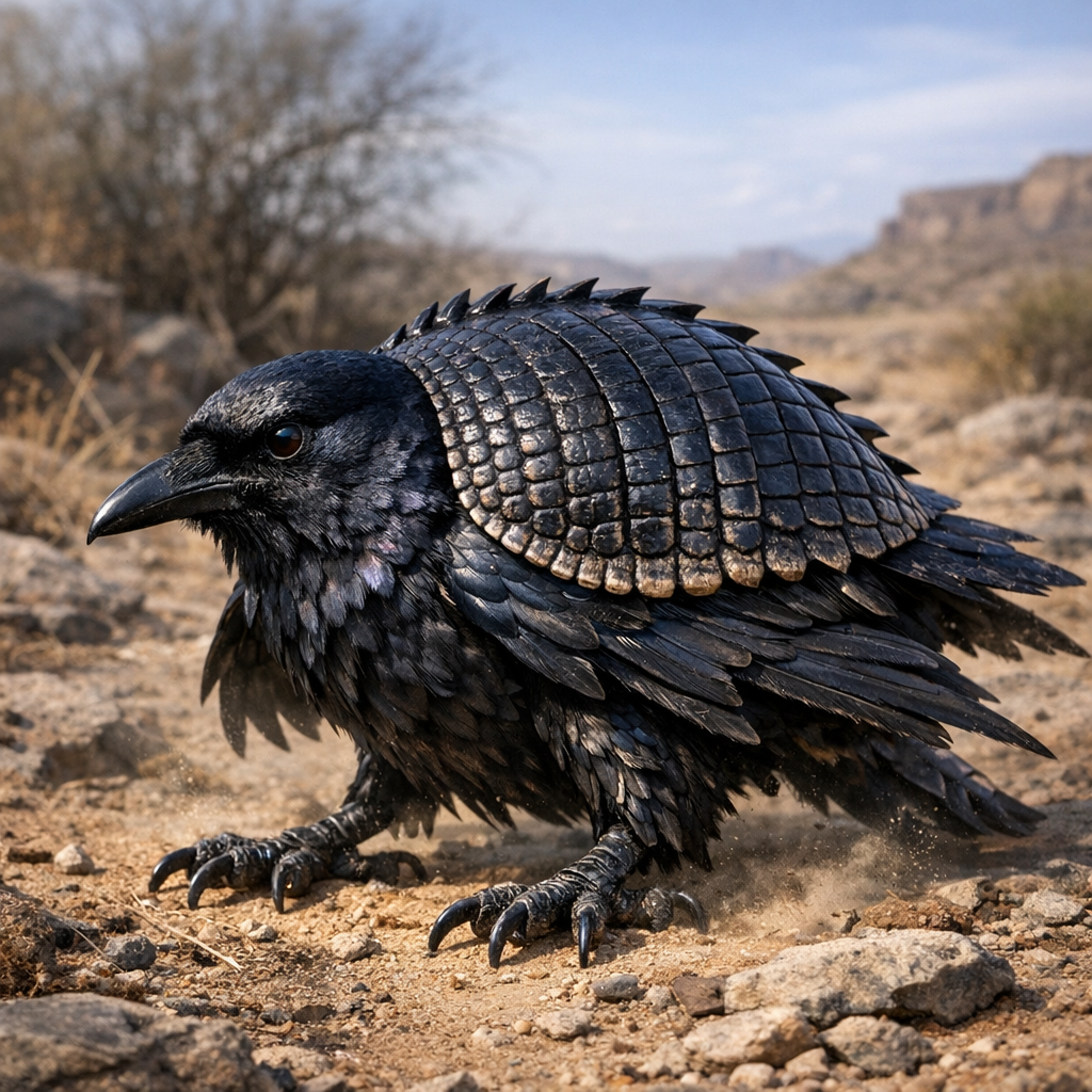 Crawarmadillo, an AI-generated hybrid of Crow and Armadillo