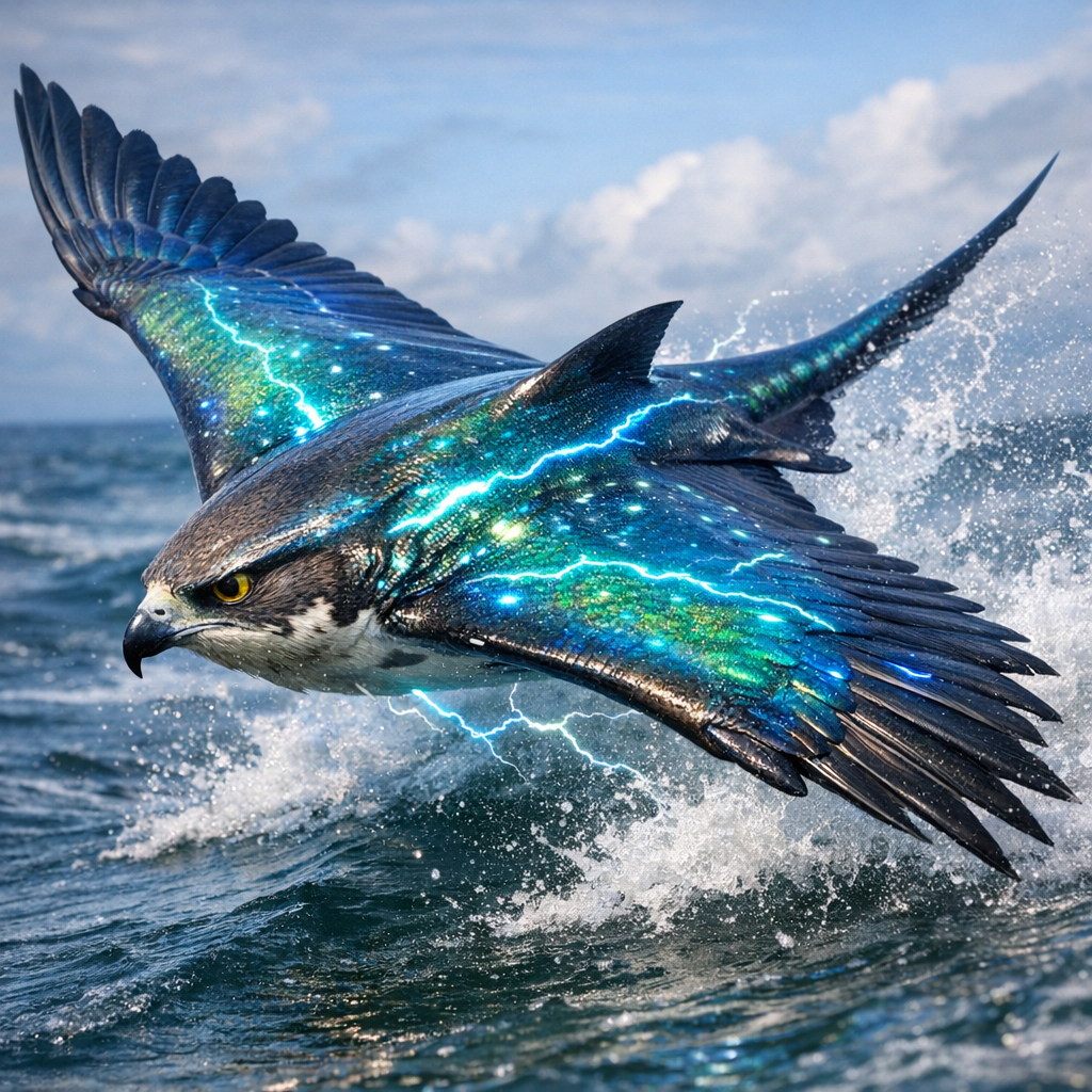 Hawkray, an AI-generated hybrid of Hawk and Electric Ray