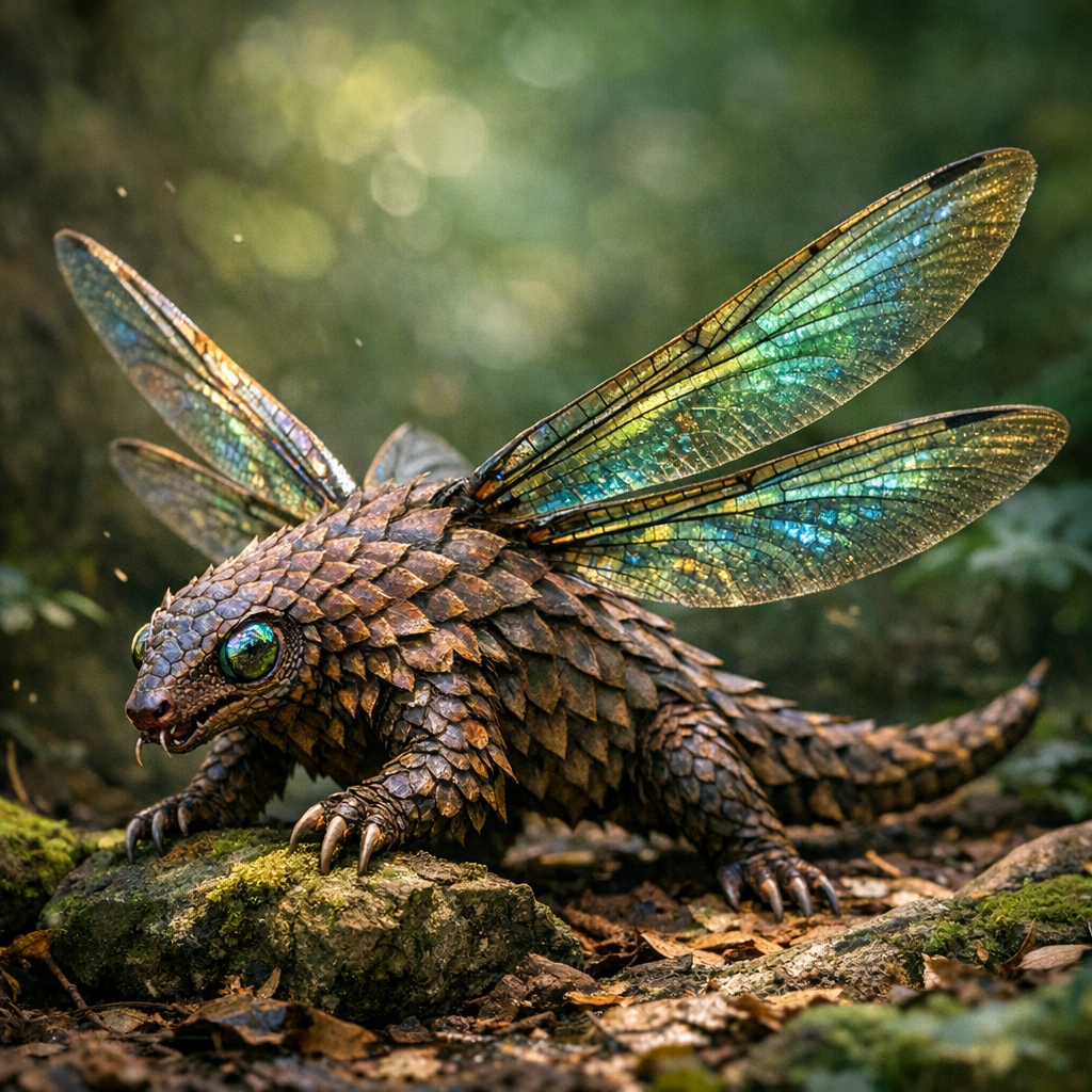 Dragolin, an AI-generated hybrid of Dragonfly and Pangolin