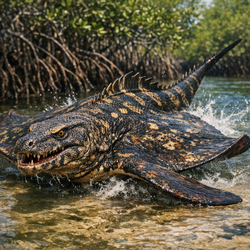 Stingodo Dragonray, an AI-generated hybrid of Sting Ray and Komodo Dragon