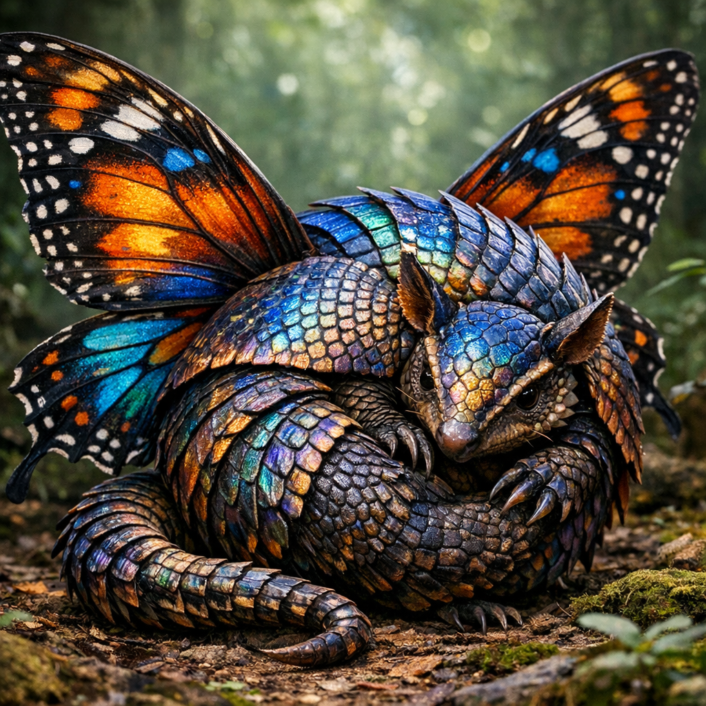 Armabutter, an AI-generated hybrid of Armadillo and Butterfly