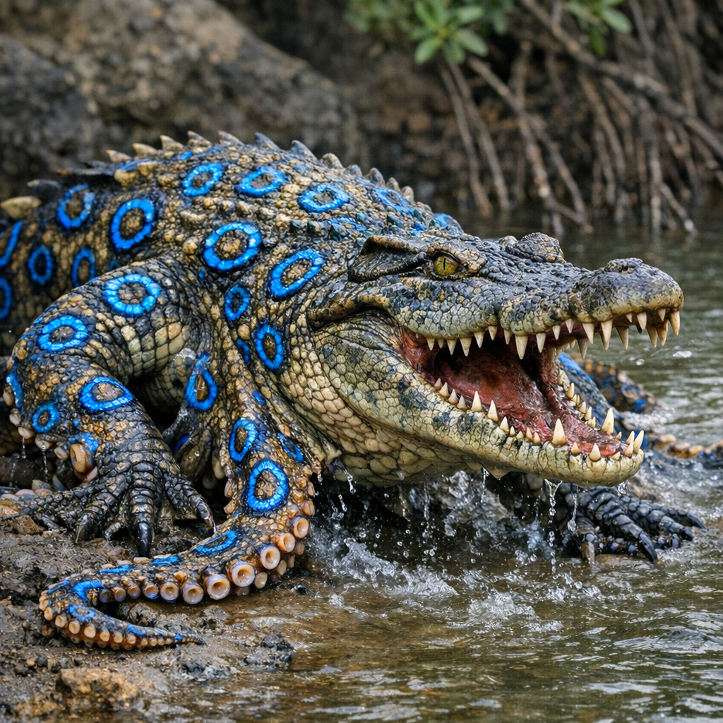 Crocotopus, an AI-generated hybrid of blue ring octopus and Crocodile
