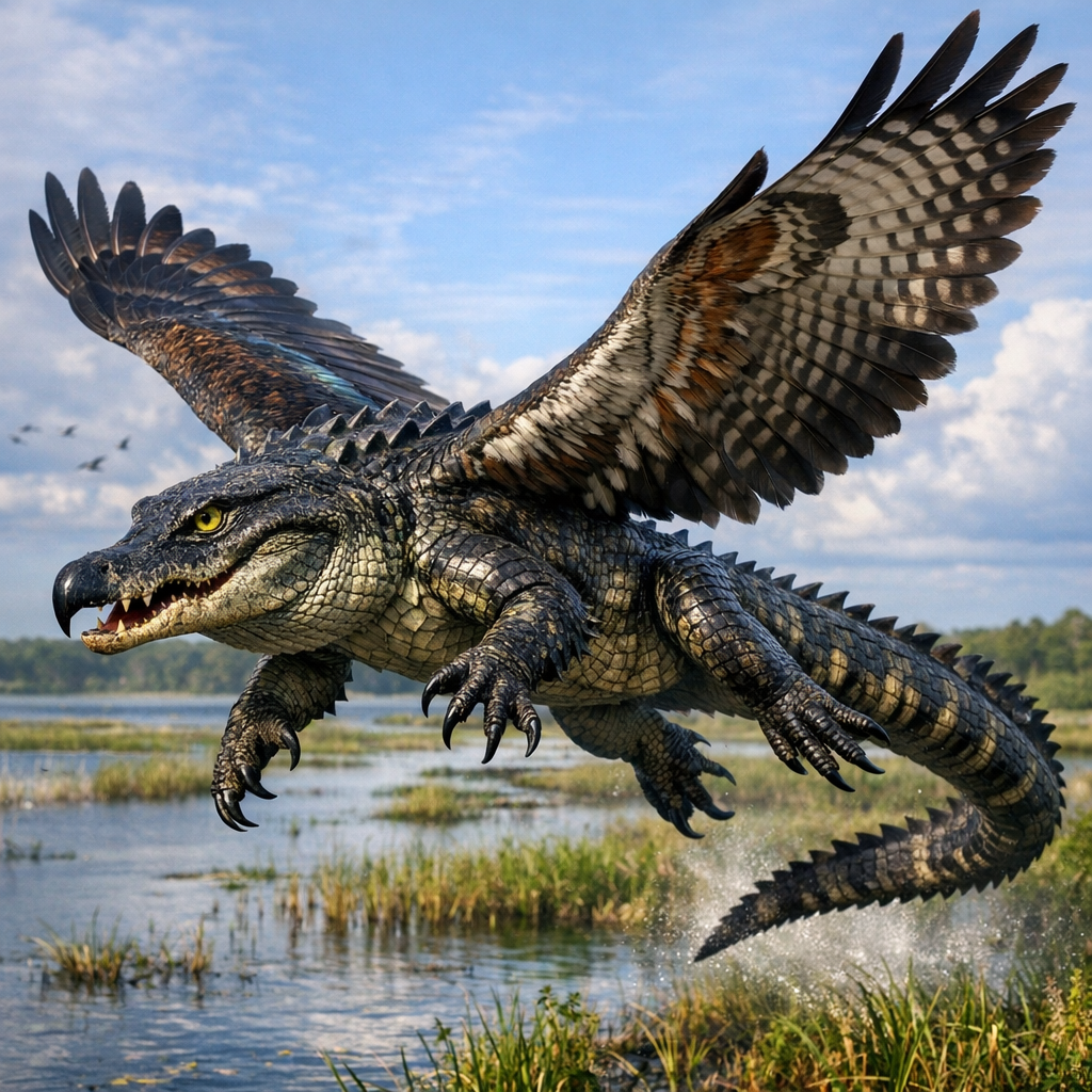 Allifalcon, an AI-generated hybrid of Alligator and falcon