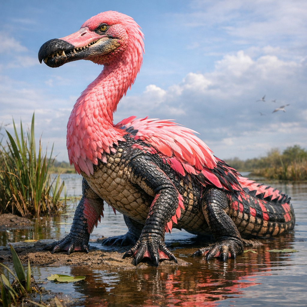 Alligamingo, an AI-generated hybrid of Alligator and Flamingo