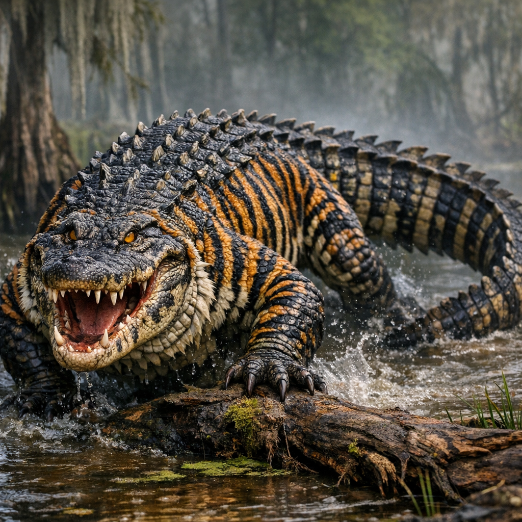 Tigalligator, an AI-generated hybrid of Alligator and Tiger