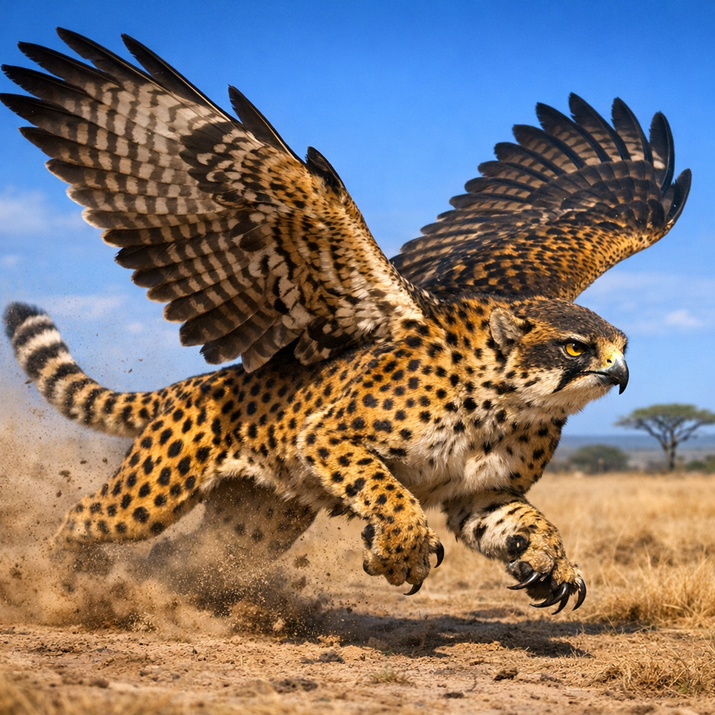 Cheetalcon, an AI-generated hybrid of Cheetah and Falcon