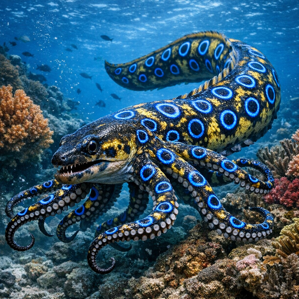 Eelotopus, an AI-generated hybrid of Eel and blue ring octopus