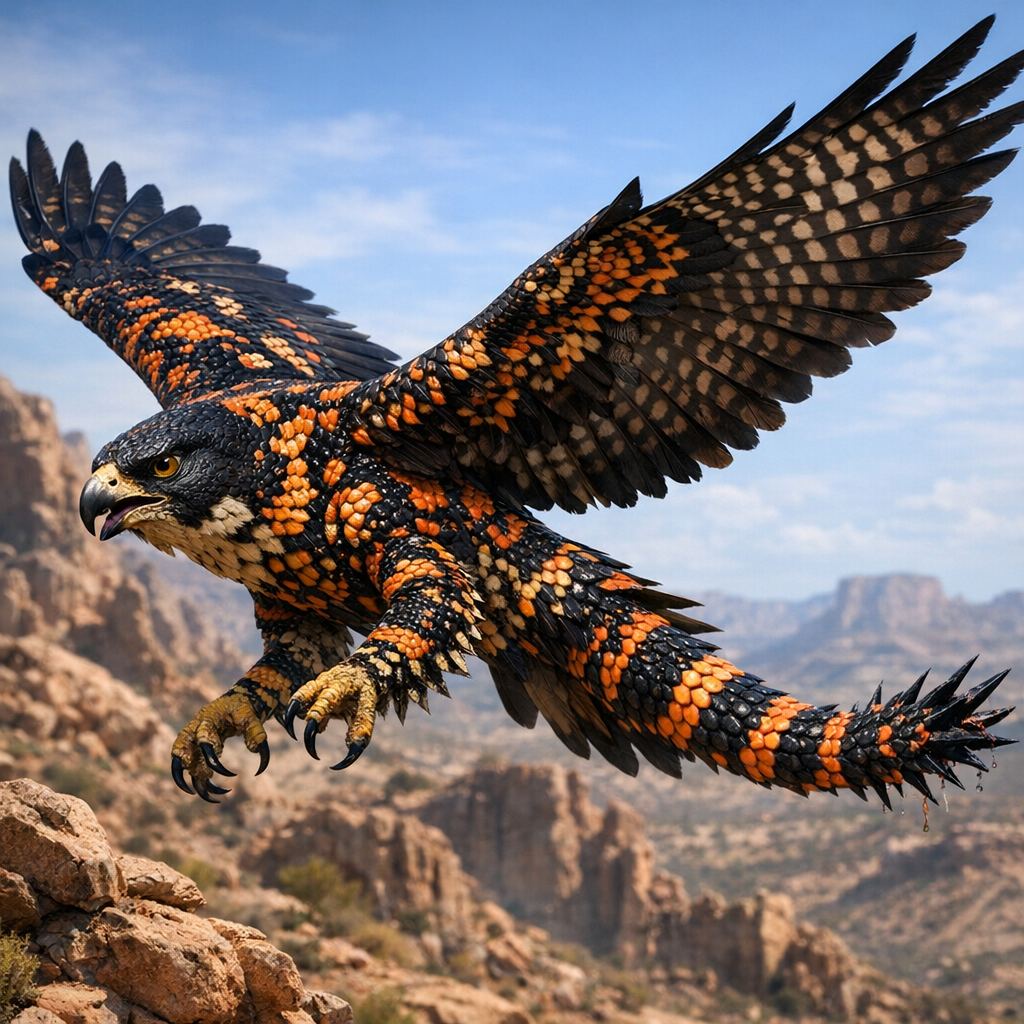 Falmon, an AI-generated hybrid of Falcon and Gila monster