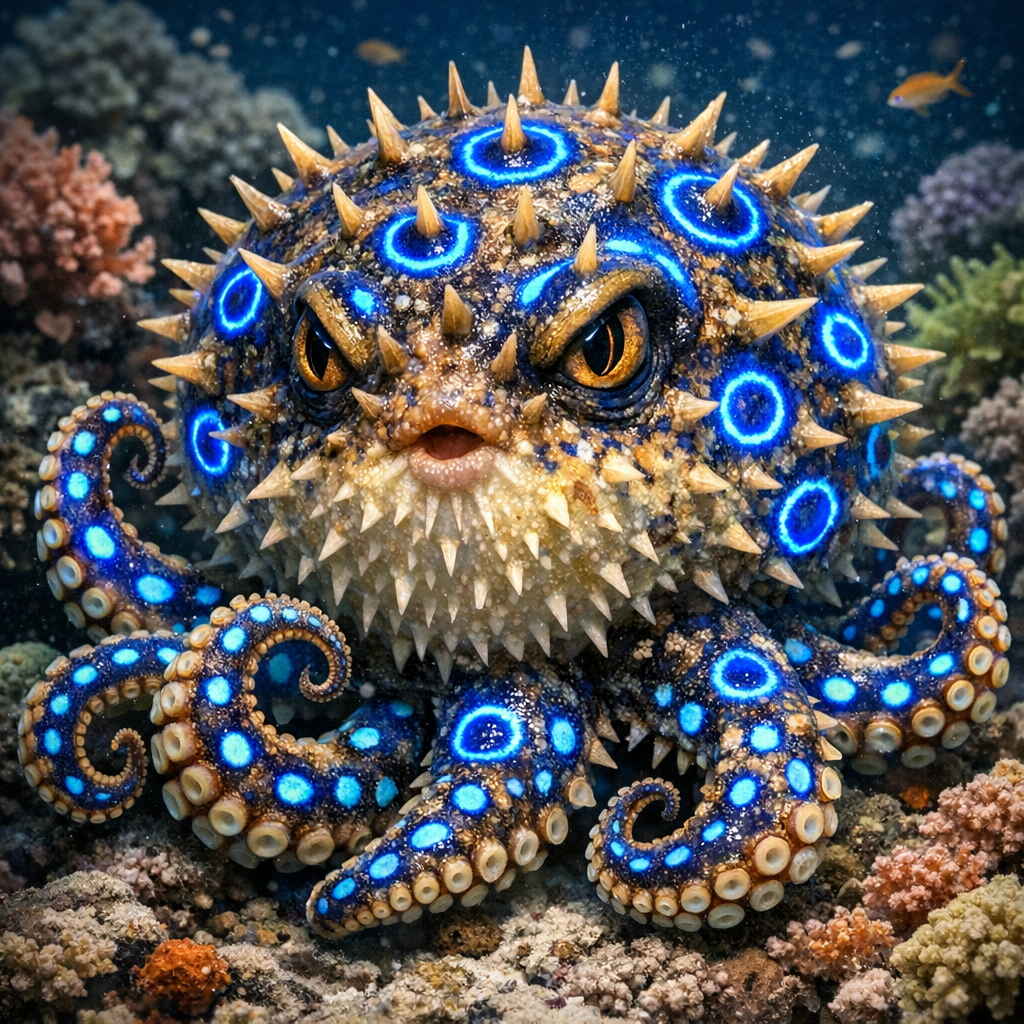 Puffocto, an AI-generated hybrid of Puffer Fish and blue ring octopus