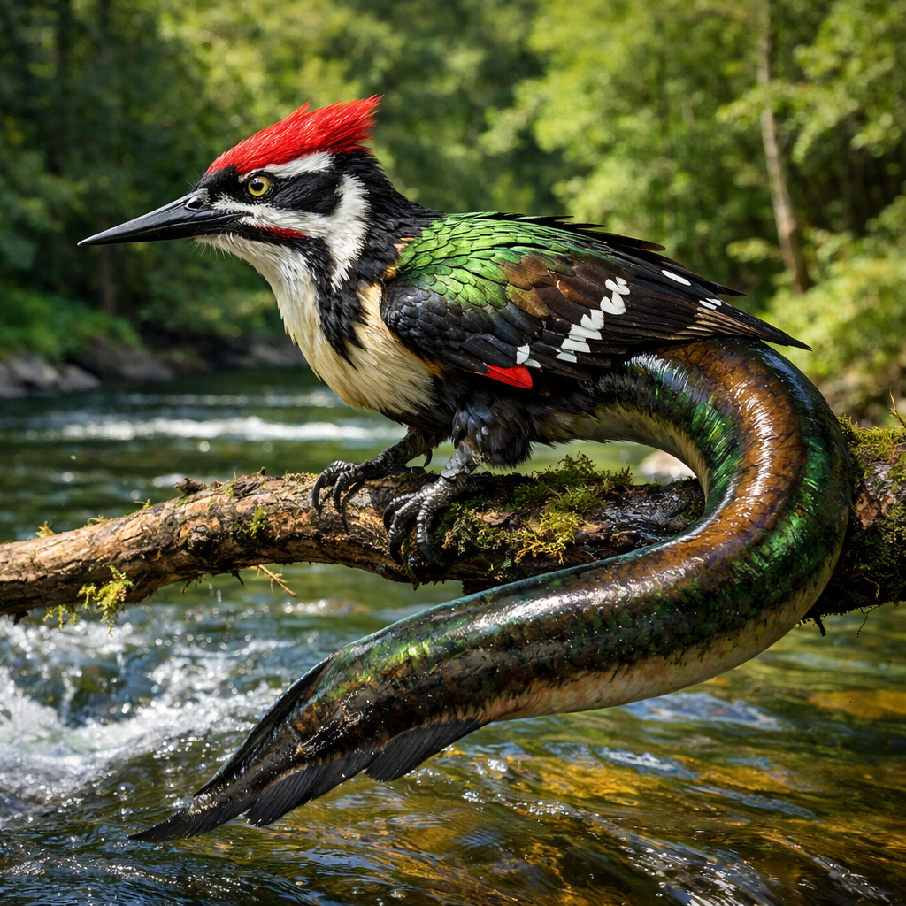 Woodleel, an AI-generated hybrid of Woodpecker and Eel