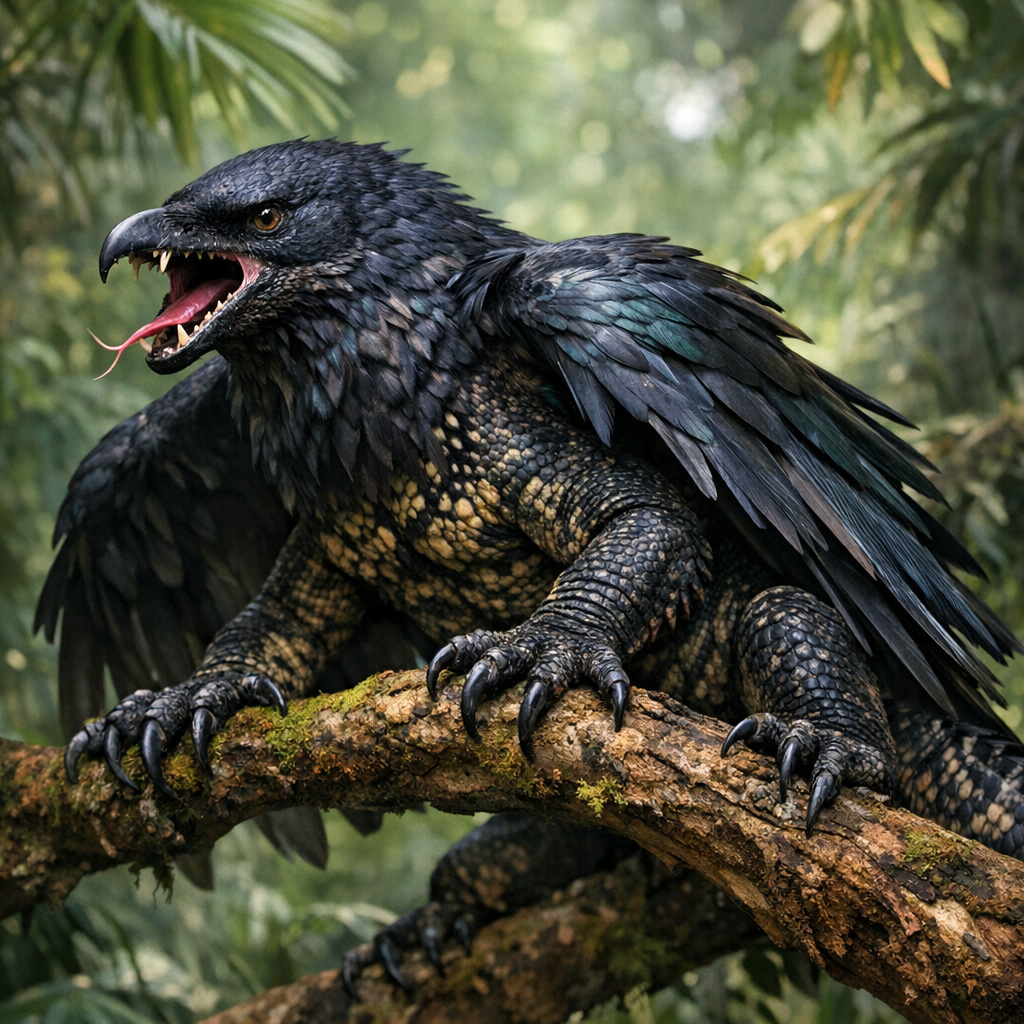 Coromodo, an AI-generated hybrid of Crow and Komodo Dragon