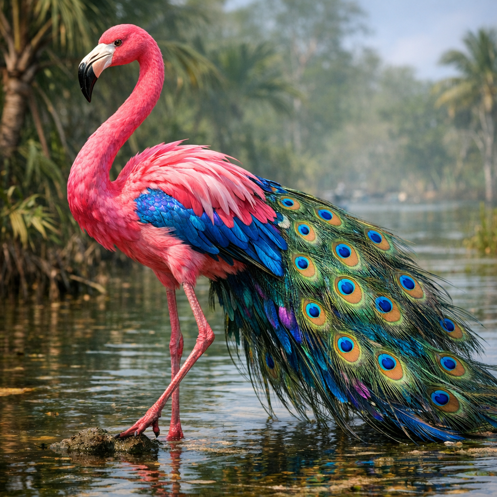 Flamaco, an AI-generated hybrid of Flamingo and Peacock