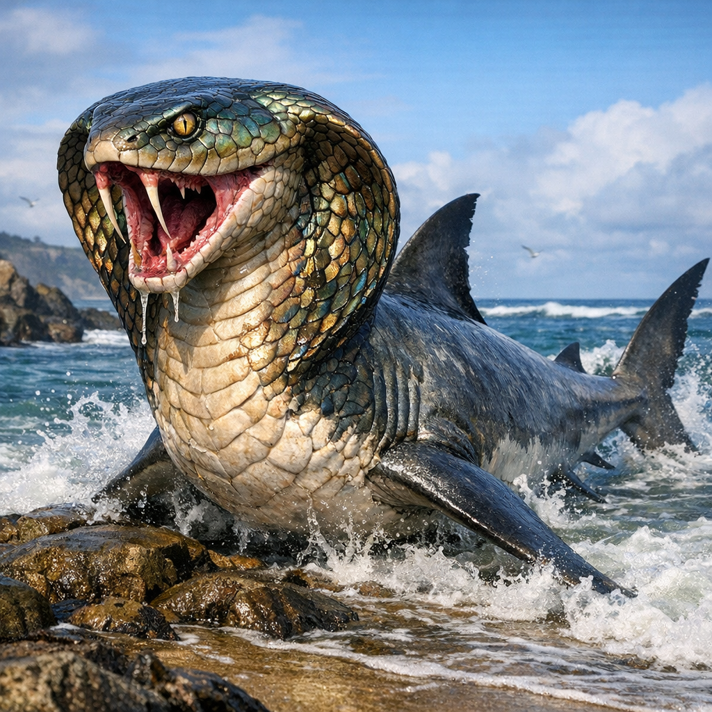 Cobra Shark, an AI-generated hybrid of great white shark and Cobra