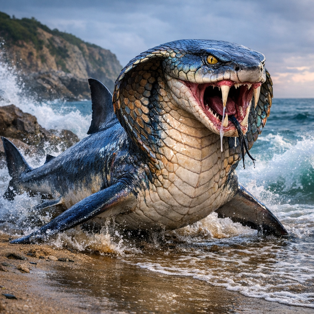 Cobra Shark, an AI-generated hybrid of great white shark and Cobra