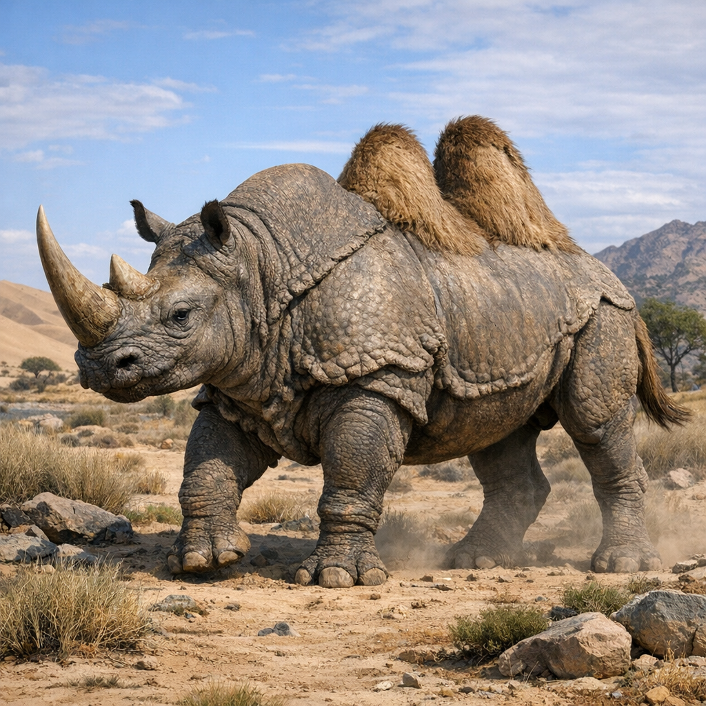 Rhinocamelus, an AI-generated hybrid of Rhinoceros and Camel