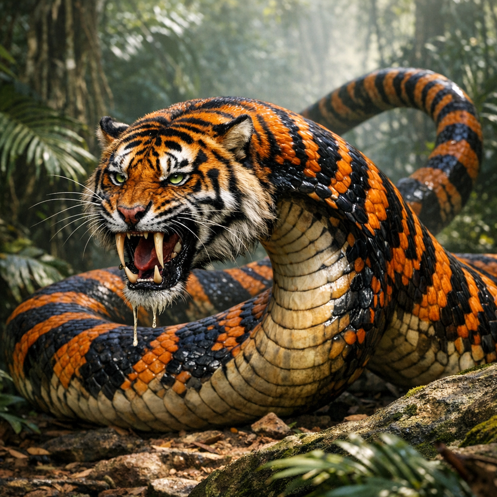 Tigrachnid, an AI-generated hybrid of Snake and Tiger