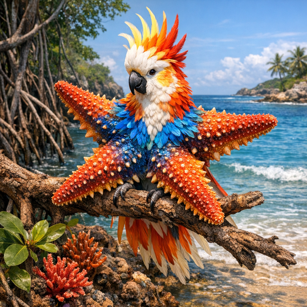 Cockatish, an AI-generated hybrid of Cockatoo and Starfish