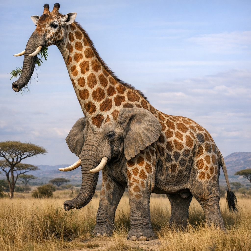 Giraffelephant, an AI-generated hybrid of Giraffe and Elephant