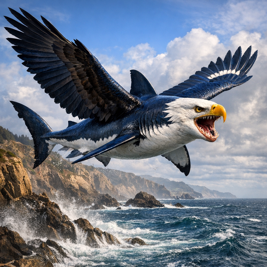 Aquila Carcharodon, an AI-generated hybrid of Bald Eagle and great white shark