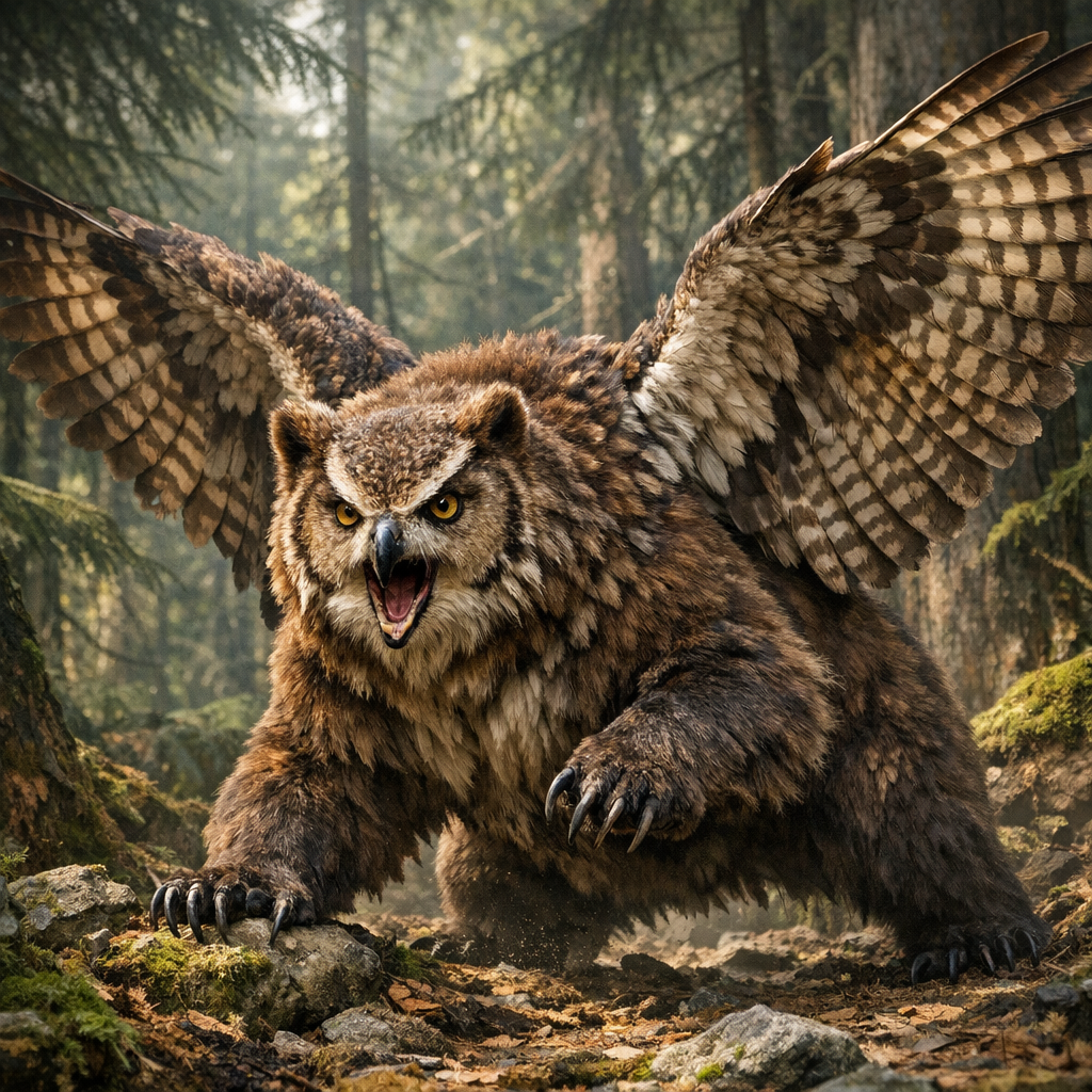 Bearowl, an AI-generated hybrid of Bear and Owl