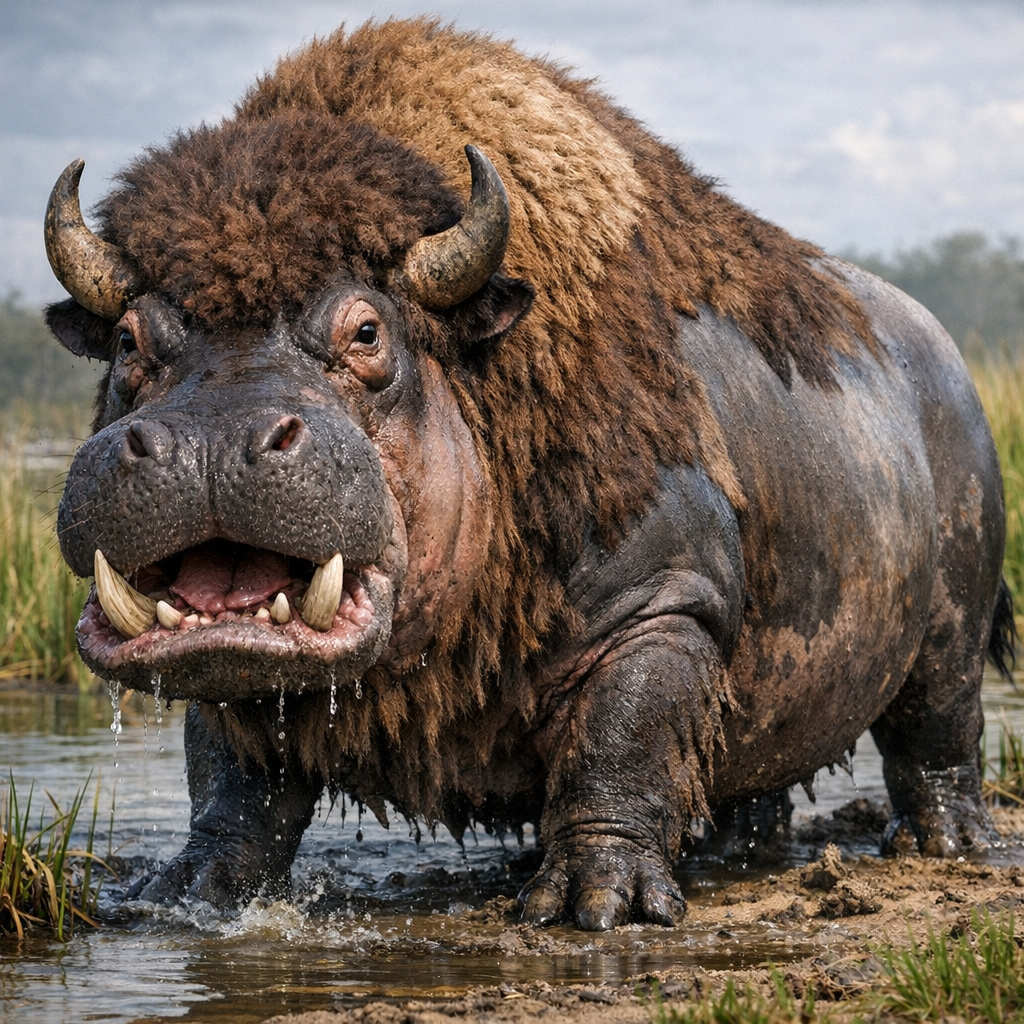 Bisonopotamus, an AI-generated hybrid of Bison and Hippopotamus