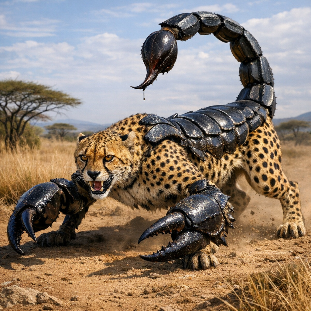 Cheetorpi, an AI-generated hybrid of Cheetah and Scorpion