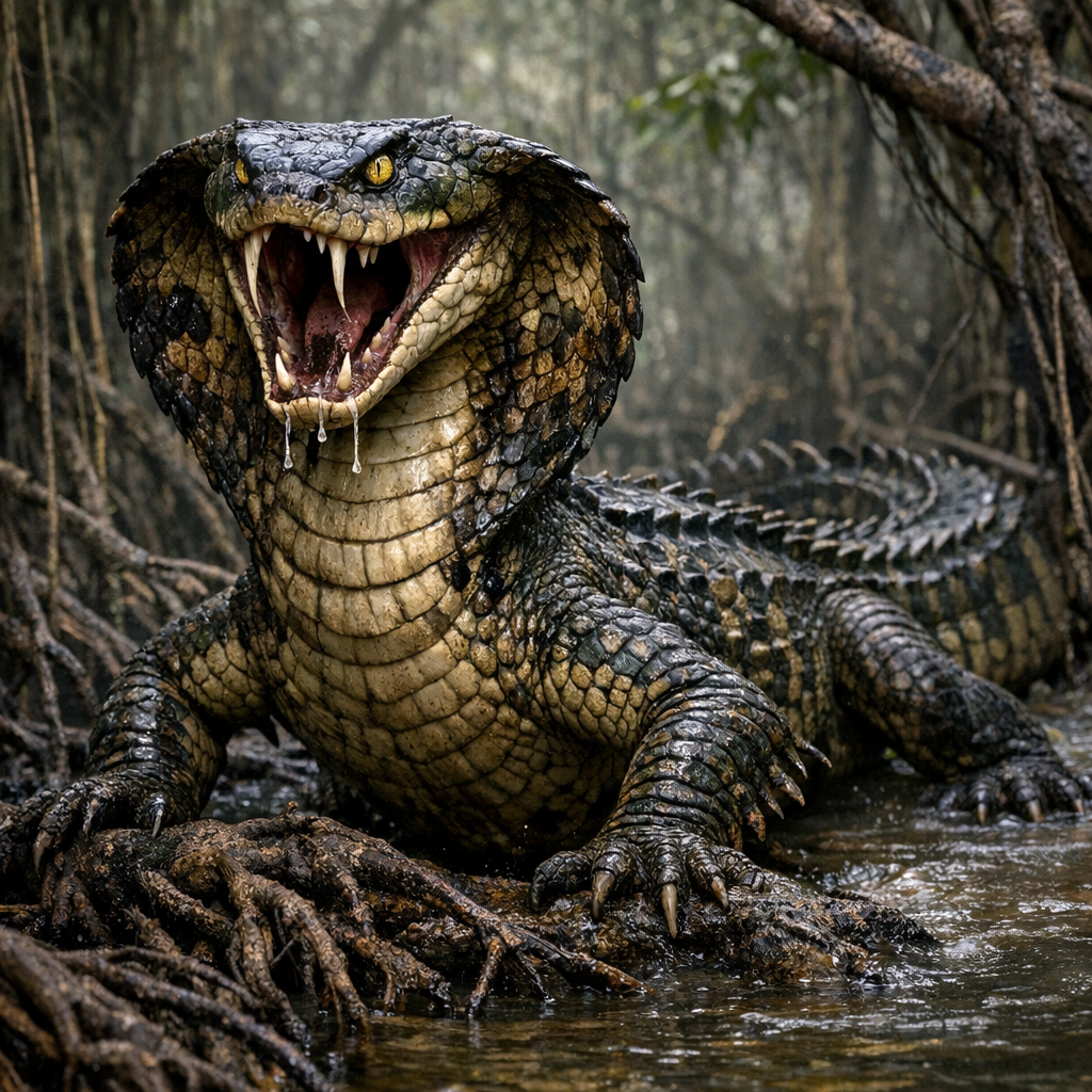 Crocobra, an AI-generated hybrid of Crocodile and Cobra