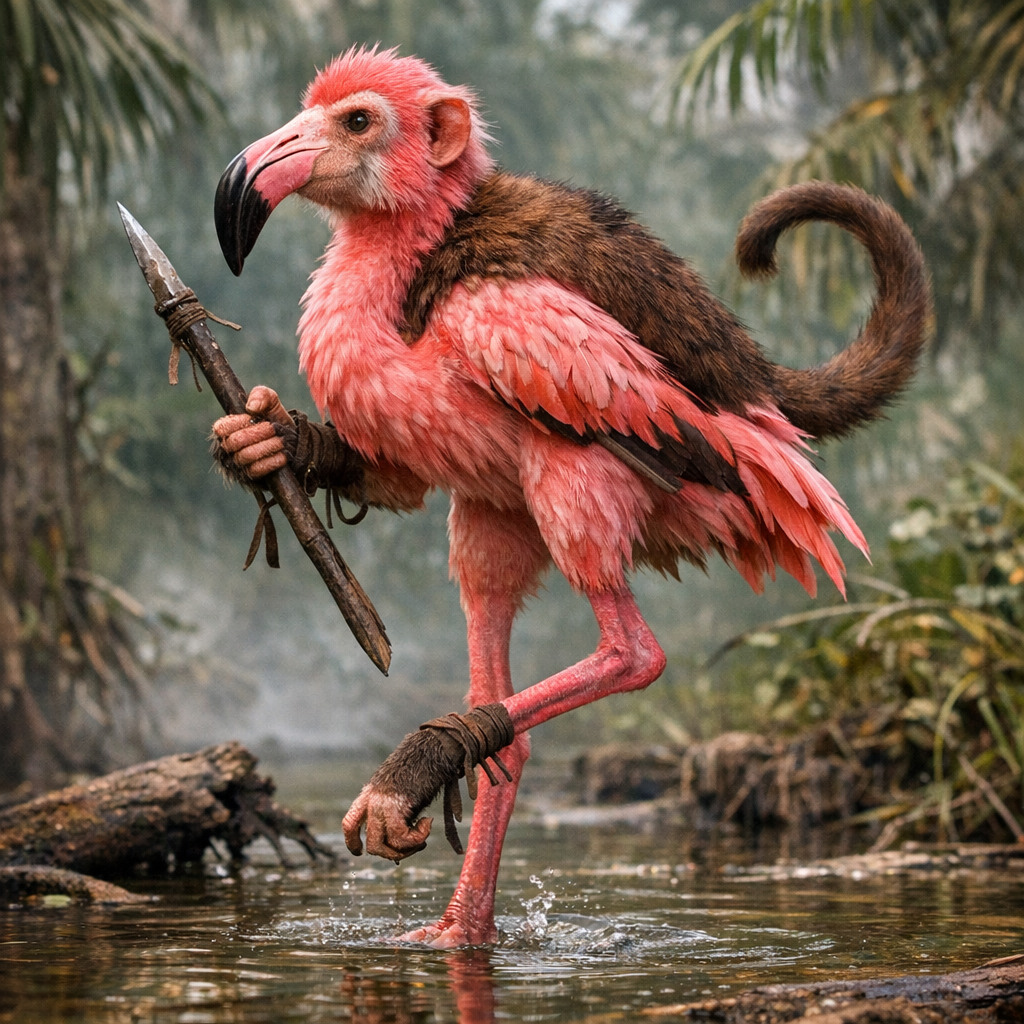 Flamunkey, an AI-generated hybrid of Flamingo and Monkey