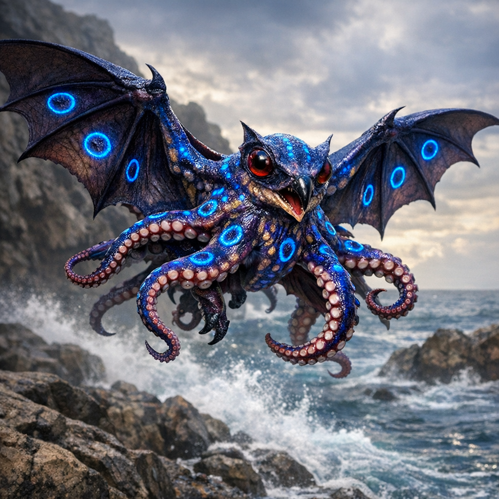 Batopus, an AI-generated hybrid of Bat and blue ring octopus