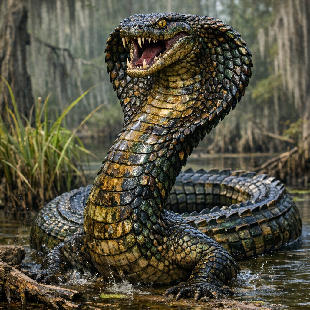 CobraGator, an AI-generated hybrid of Alligator and Cobra