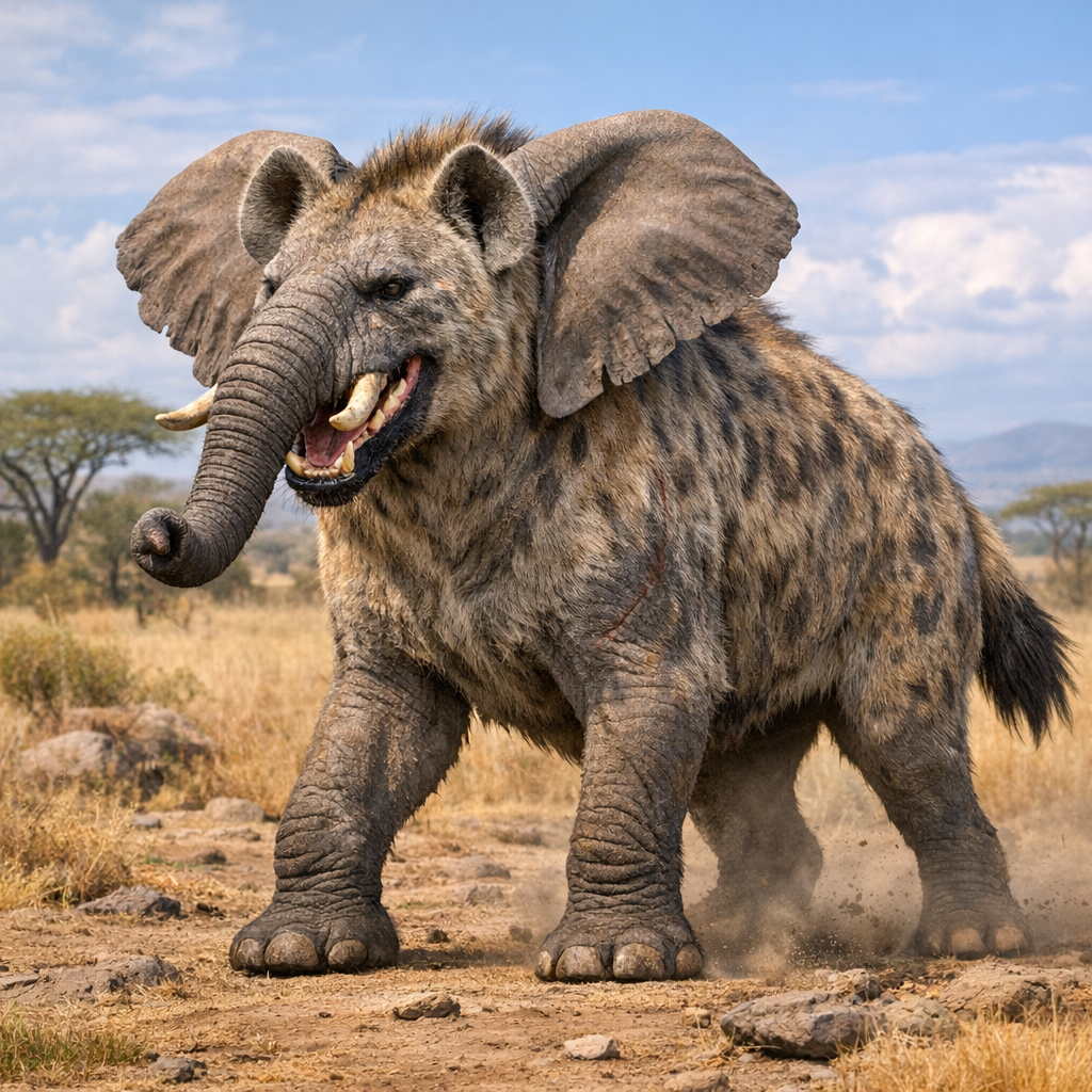 Hyelaphant, an AI-generated hybrid of Hyena and Elephant
