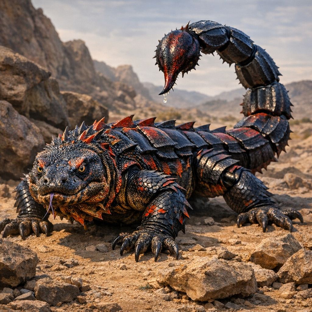 Scoromodo, an AI-generated hybrid of Komodo Dragon and Scorpion