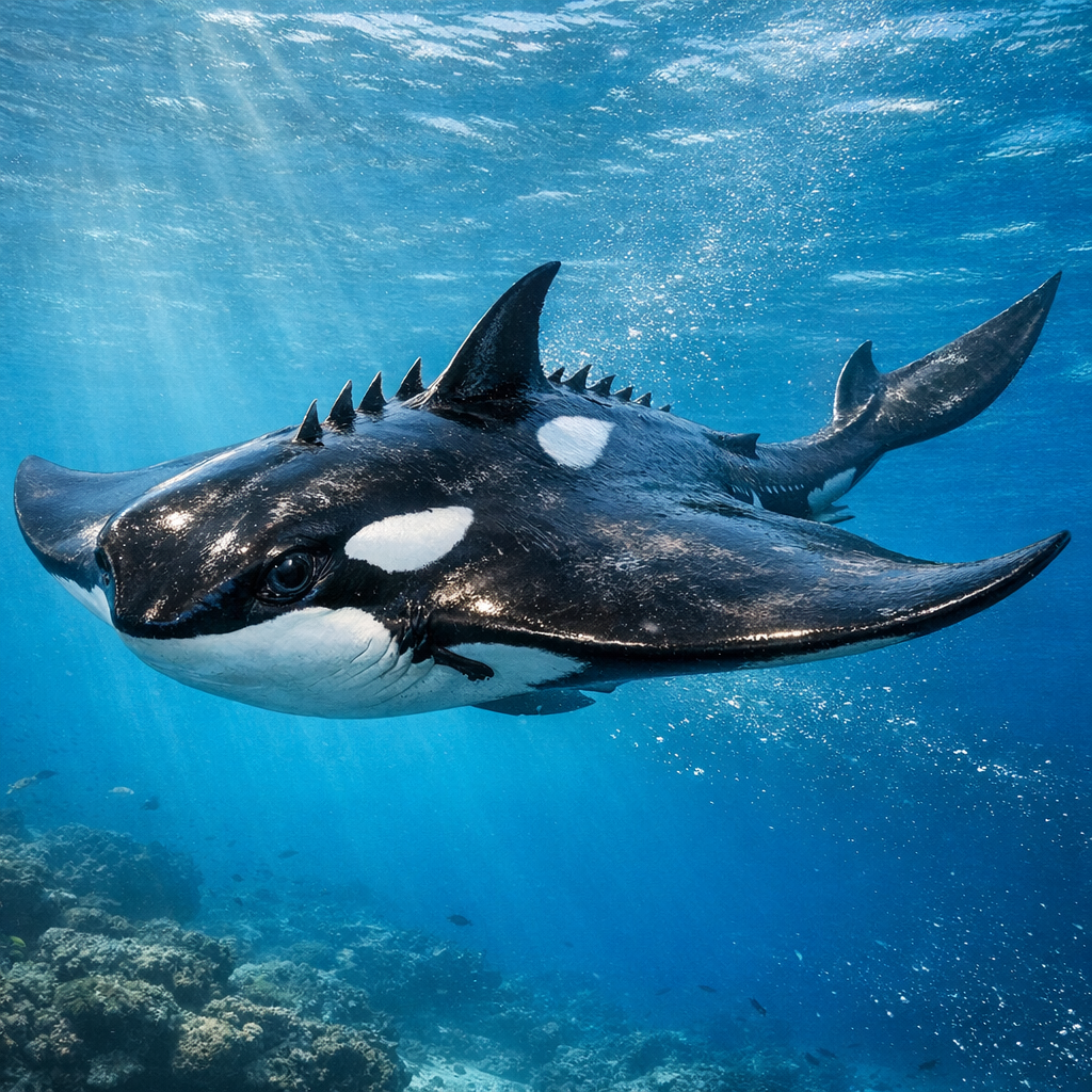 OrcaRay, an AI-generated hybrid of Sting Ray and orca