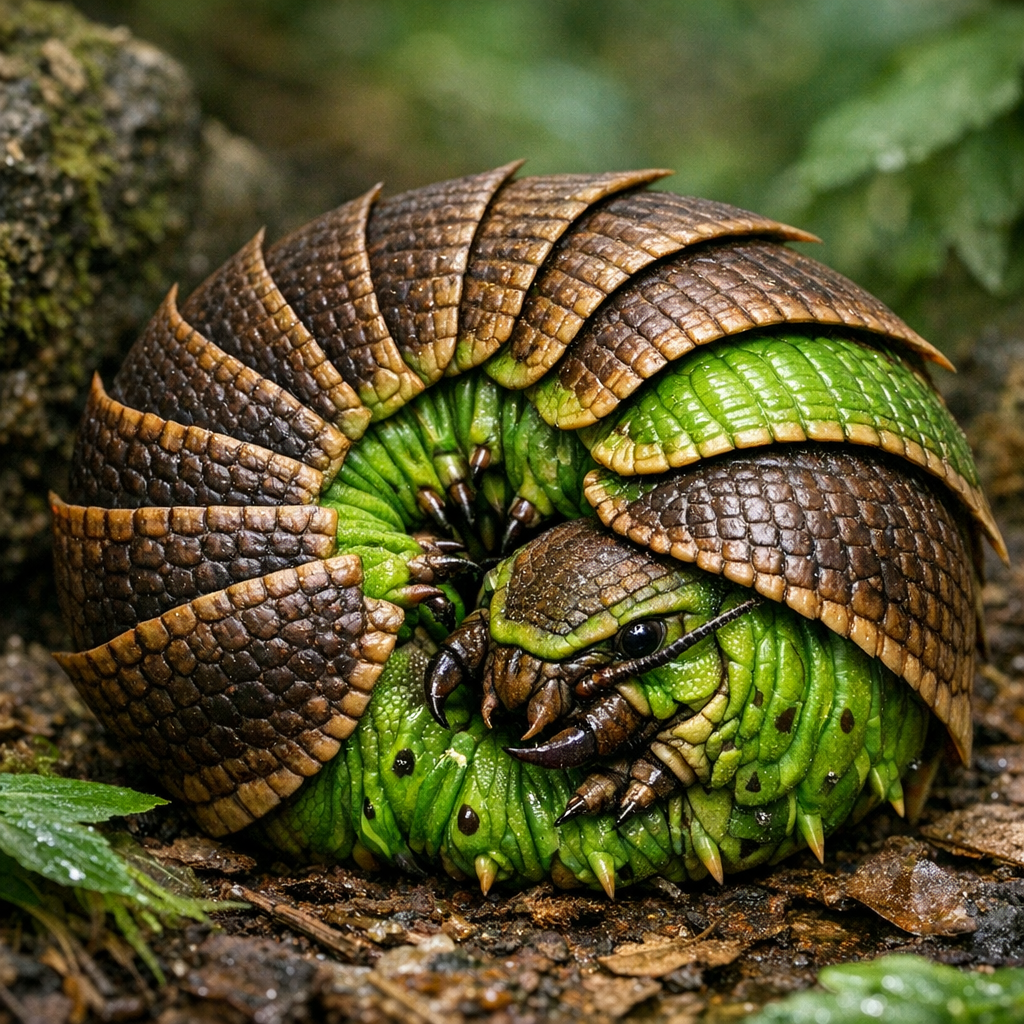 Caterdillo, an AI-generated hybrid of Caterpillar and Armadillo