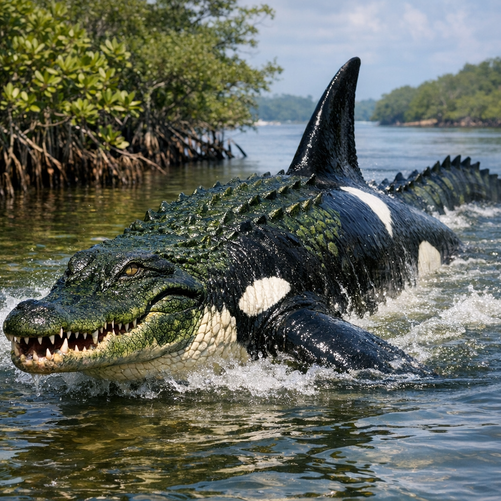 Orcagator, an AI-generated hybrid of orca and Alligator