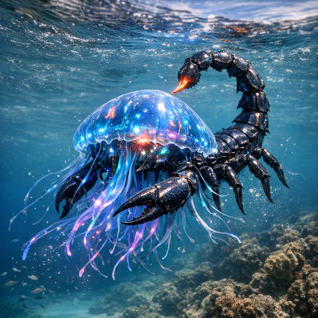 Scorpijelly, an AI-generated hybrid of Scorpion and Jellyfish