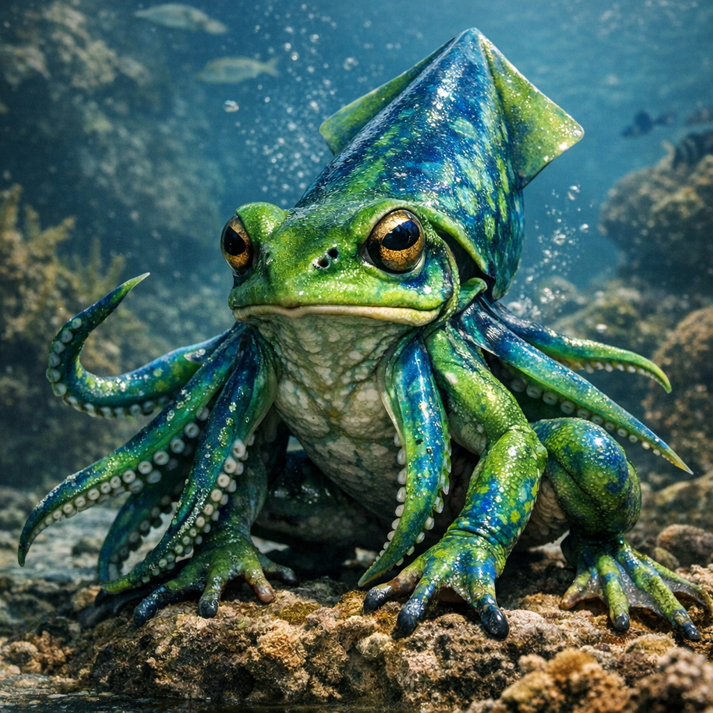 Frogquid, an AI-generated hybrid of Frog and Squid
