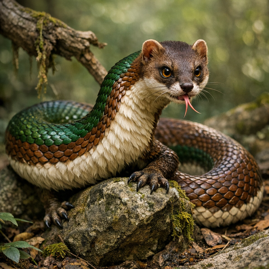 Weasnake, an AI-generated hybrid of Weasel and Snake