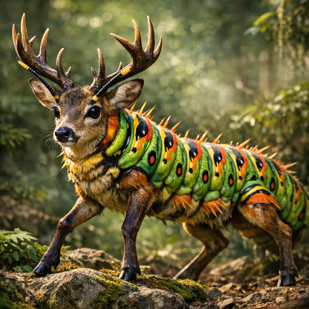 Caterdeer, an AI-generated hybrid of Caterpillar and Deer