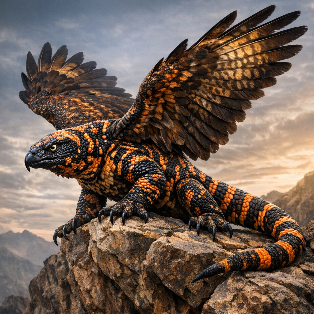 Gilihawk, an AI-generated hybrid of Gila monster and Hawk