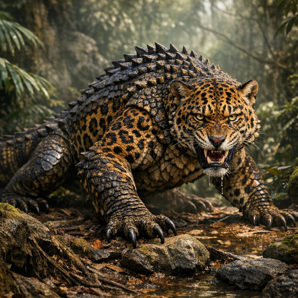 Jagomodo, an AI-generated hybrid of Jaguar and Komodo Dragon