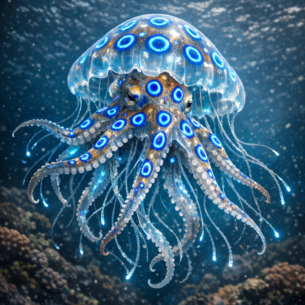 Aureliactopus, an AI-generated hybrid of blue ring octopus and Jellyfish